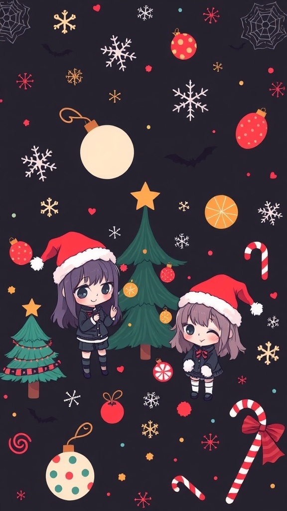 Emo Christmas wallpaper with characters in festive attire, snowflakes, and whimsical holiday motifs.